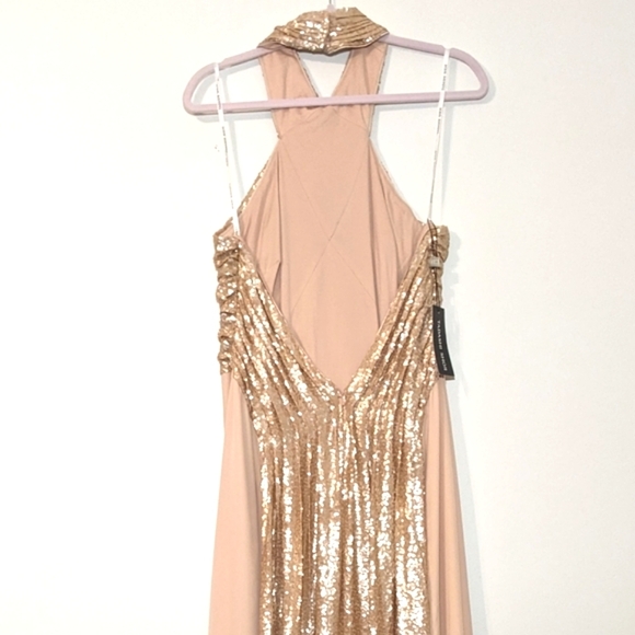 NWT Tadashi Shoji Champagne Halter Sequin Crepe Maxi Gown Dress Size 16 - Picture 13 of 16
